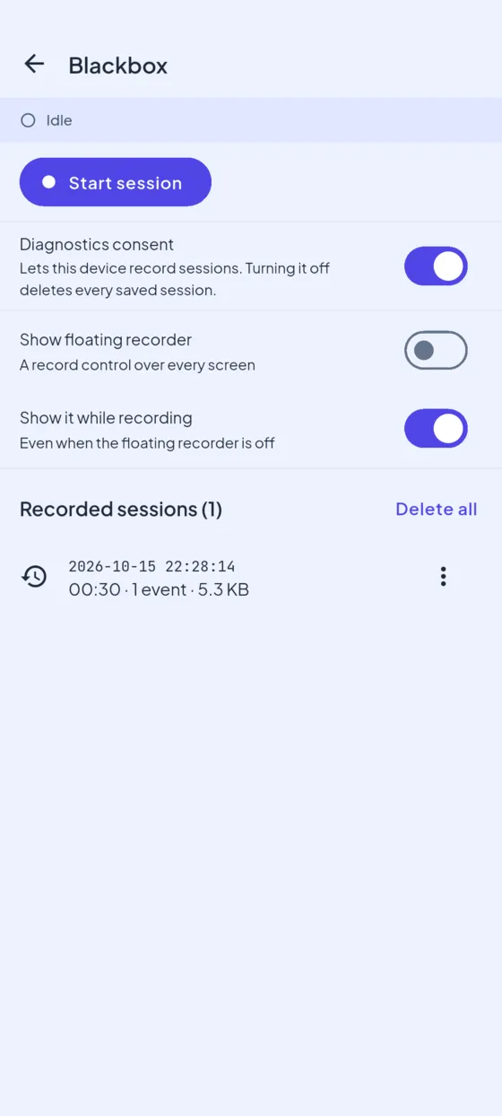 The Blackbox tool of the in-app debugger, on its own full-screen page: an Idle status, the Start session button, the Diagnostics consent, Show floating recorder and Show it while recording switches, and the list of recorded sessions with one saved session.