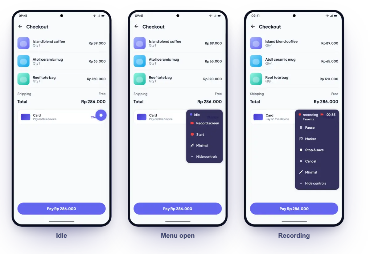 The floating record control on a demo checkout screen, in three states: the idle dot, the open menu with Record screen and Start, and the menu while recording with the timer, the event count, Pause, Marker, Stop & save and Cancel.