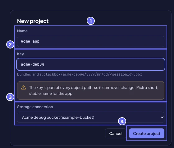 The New project dialog with a name, a permanent key and the storage connection to use.