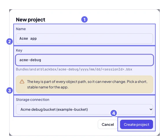 The New project dialog with a name, a permanent key and the storage connection to use.