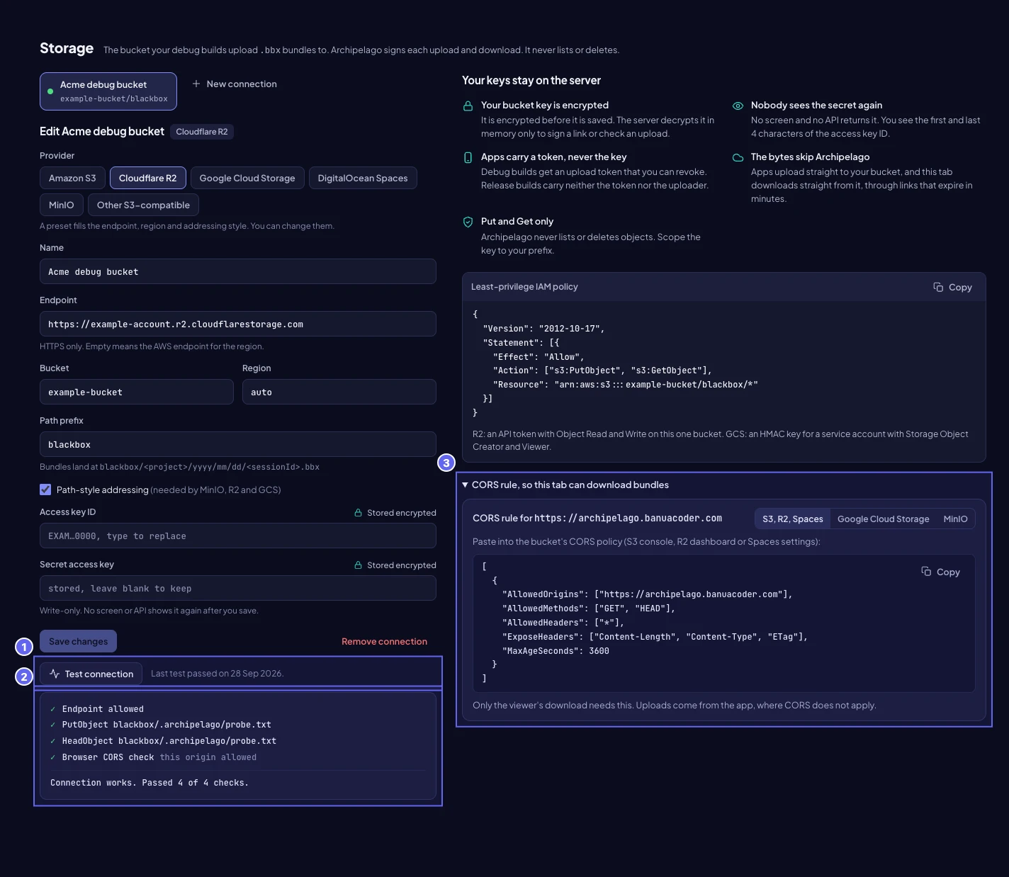 The Storage screen after Test connection: the three server checks and the browser CORS check all passed, with the CORS rule below.