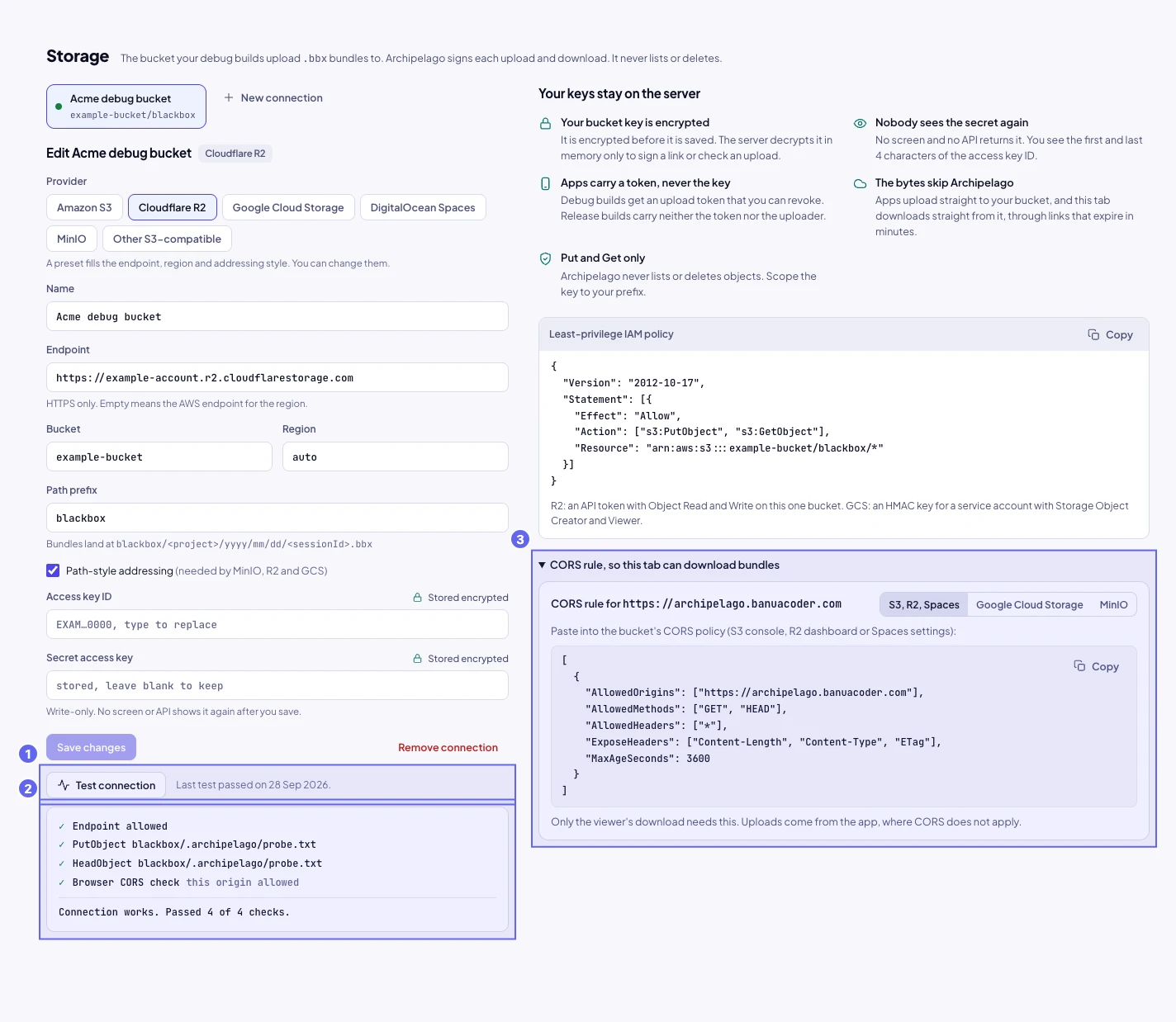 The Storage screen after Test connection: the three server checks and the browser CORS check all passed, with the CORS rule below.