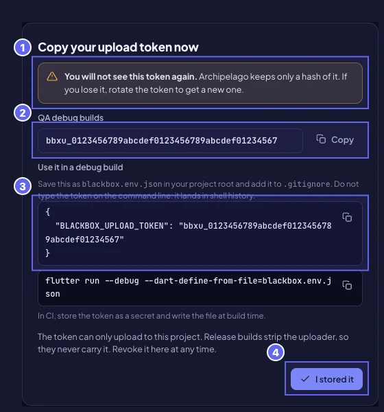 The upload token dialog, shown once: the token, the blackbox.env.json file and the flutter run command that reads it, and the button that closes the dialog.