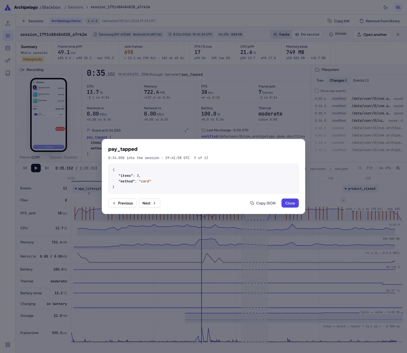 The event dialog for pay_tapped, with its time into the session and its properties as JSON, over the Tracks view, with Copy JSON, Previous, Next and Close.