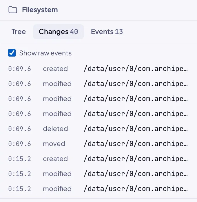 The filesystem panel on the Changes tab with raw events shown: a list of created, modified, deleted and moved files with the time of each.
