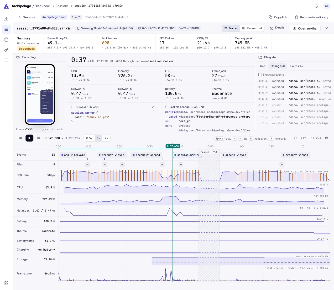The Tracks view with the playhead on a session.marker labelled "stuck on pay", a striped Paused band of 7 seconds across the tracks, and the filesystem panel on its Changes tab.