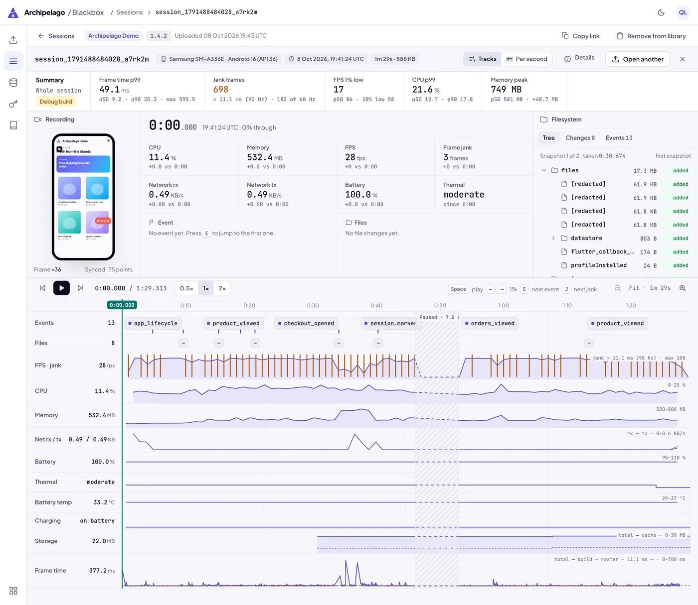 The viewer on the Tracks view: the summary strip with p99 frame time, jank frames, FPS 1% low, p99 CPU and peak memory, the screen recording beside live values, the filesystem panel, and the stacked tracks for events, files, FPS and jank, CPU, memory, network, battery, thermal state, storage and frame time.