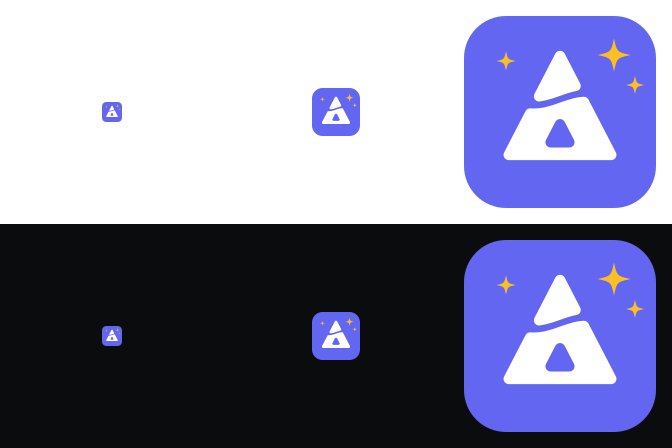 The New Year app icon at 20, 48 and 192 px: three amber sparks around the mark