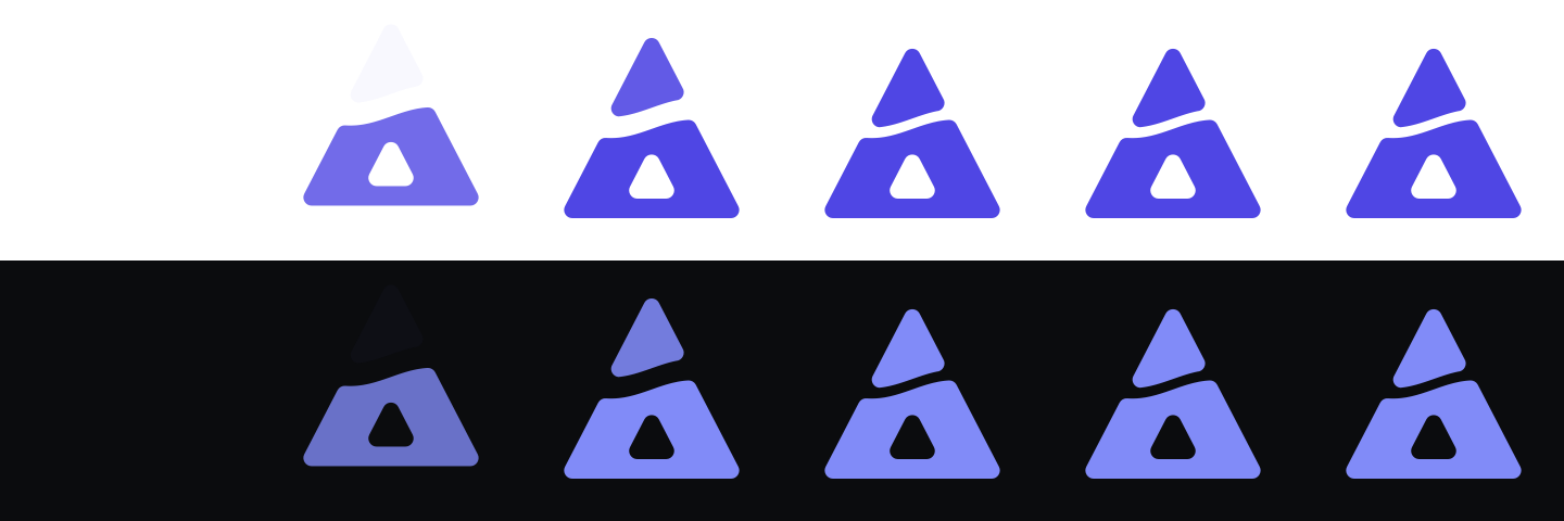 Six key frames of the logo reveal, on a light row and a dark row