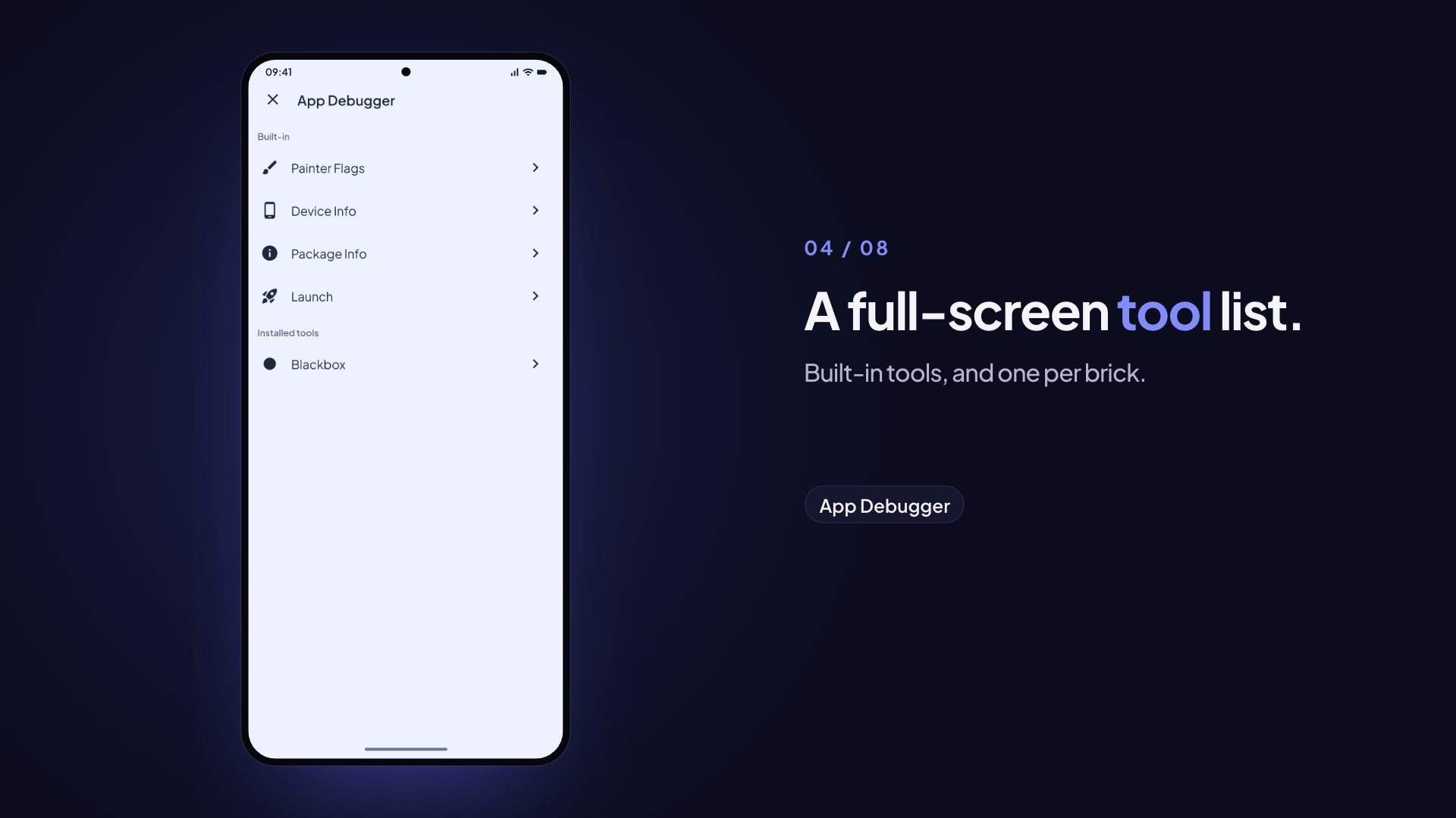 The in-app debugger as a full-screen tool list, and the Blackbox recorder tool recording a session