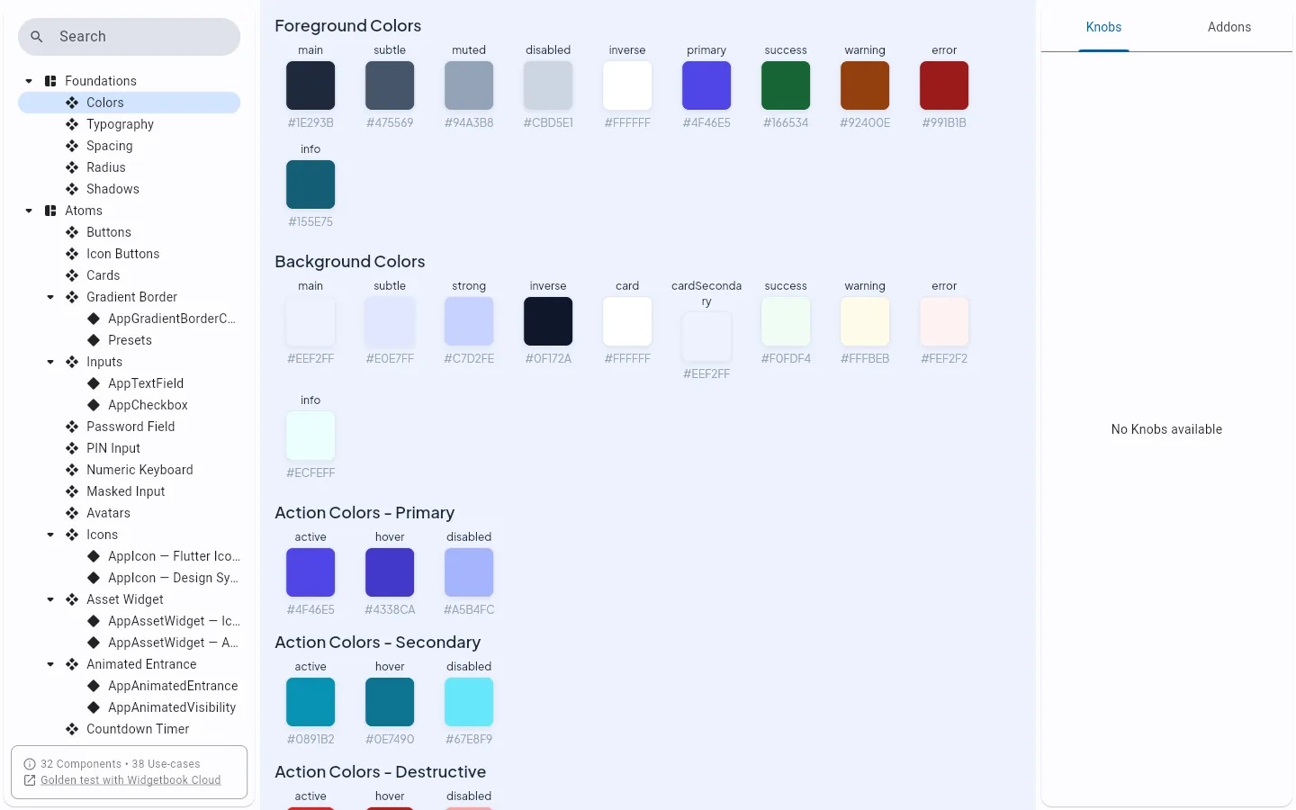 Showcase (Widgetbook): the Colors foundation.