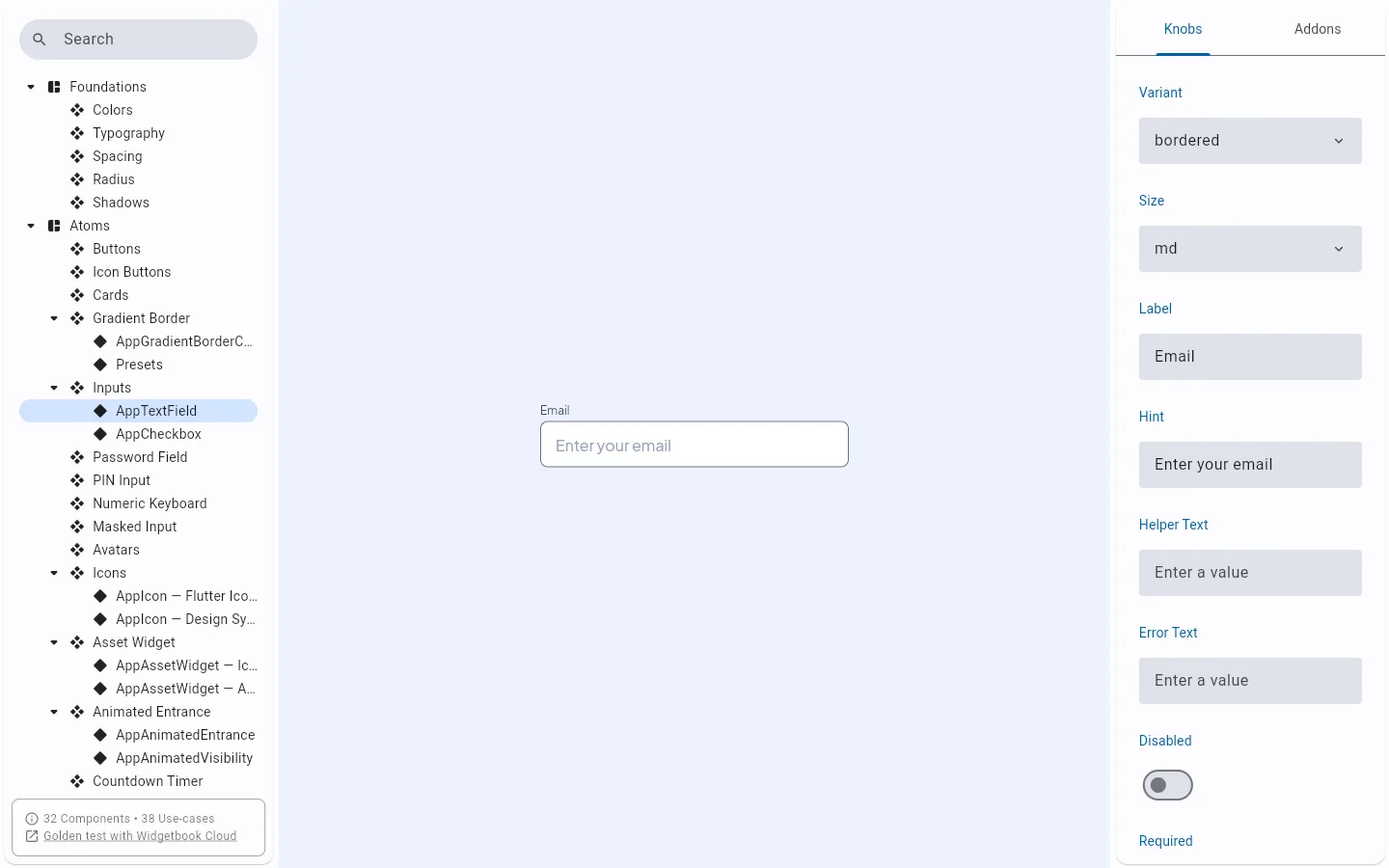 Showcase (Widgetbook): the text field atom.