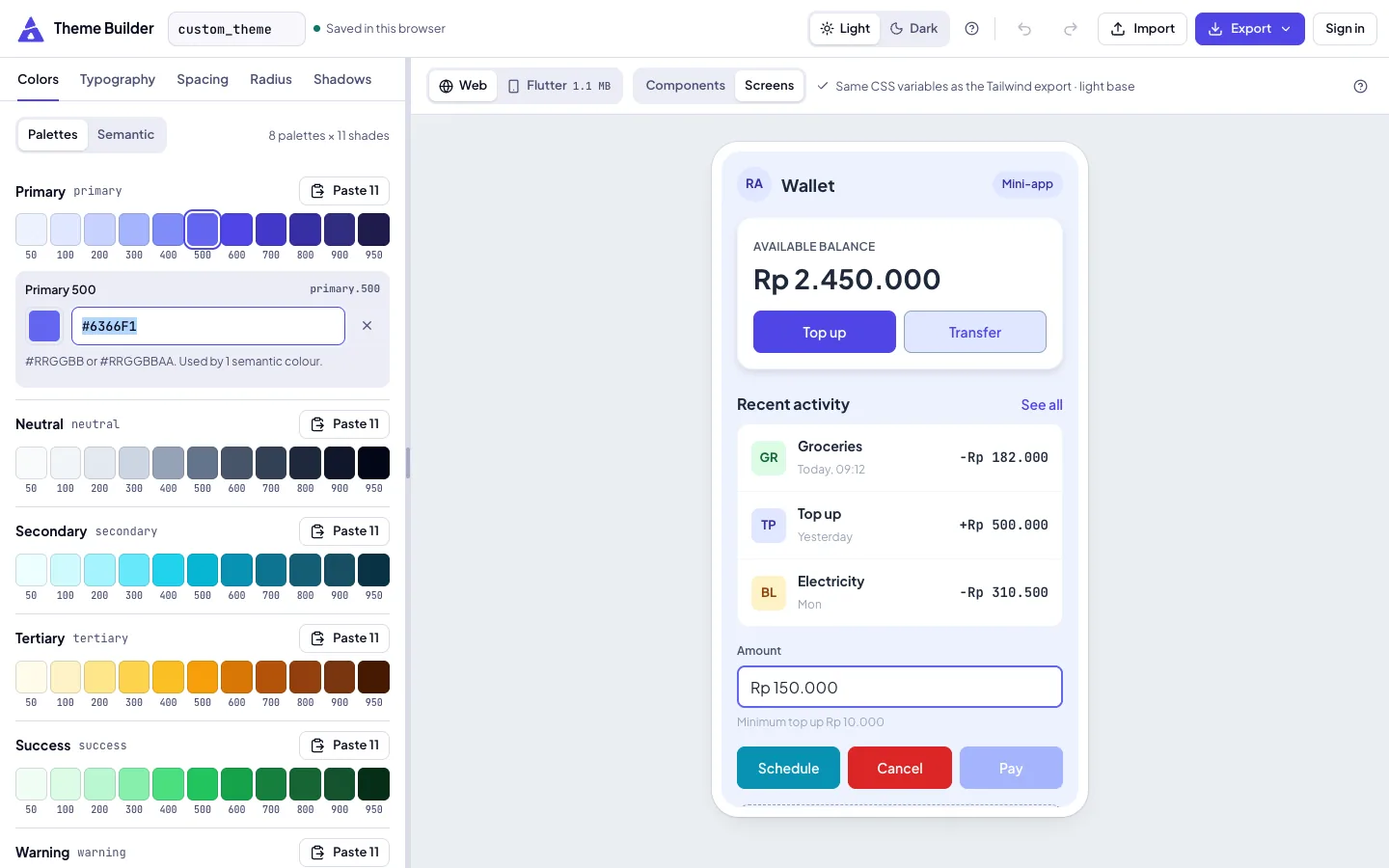 Theme Builder, Colors tab: palettes of 11 shades from 50 to 950 next to the live web preview of a mini-app wallet.