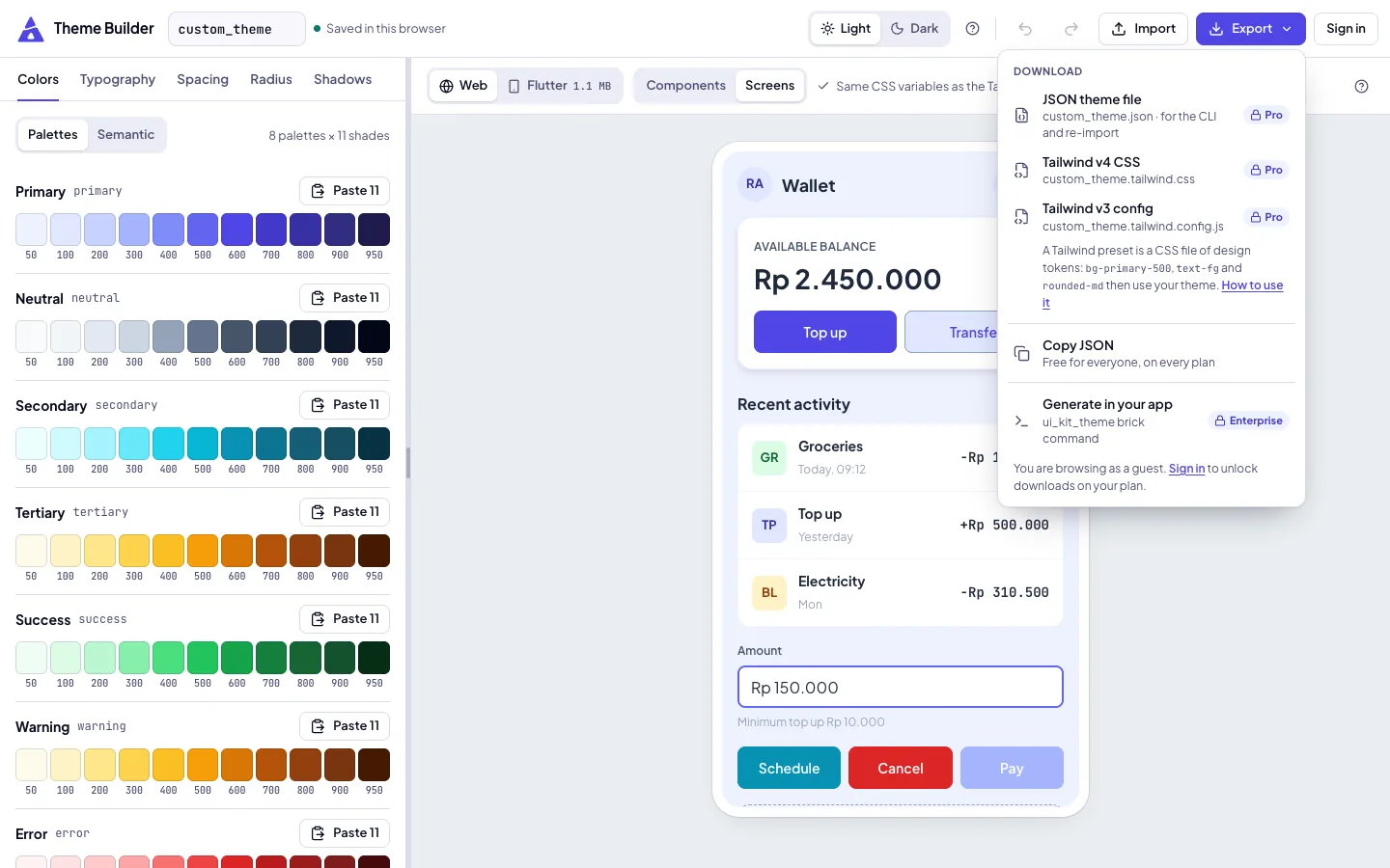 Theme Builder Export menu: JSON and Tailwind files on Pro, Copy JSON for everyone, the ui_kit_theme command on Enterprise.