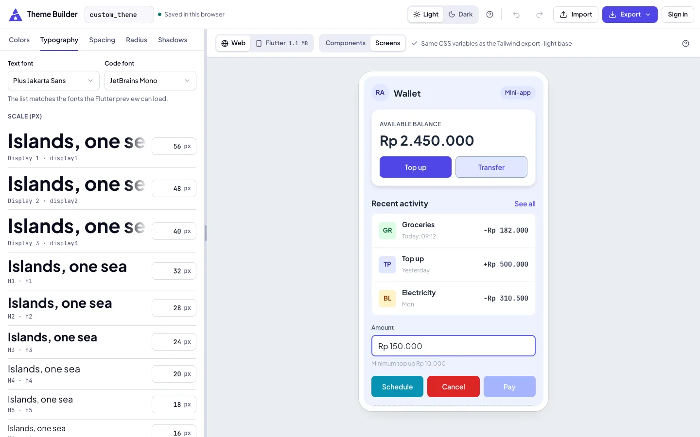Theme Builder, Typography tab with the fonts, the type scale and the weights next to the live preview.